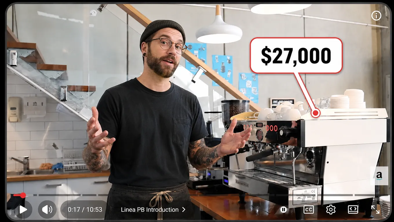 YouTube tutorial still: barista beside a commercial espresso machine labeled $27,000
